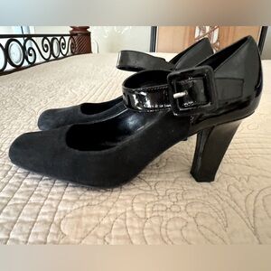 Black Franco Sarto Suede and Patent Mary Jane Heels